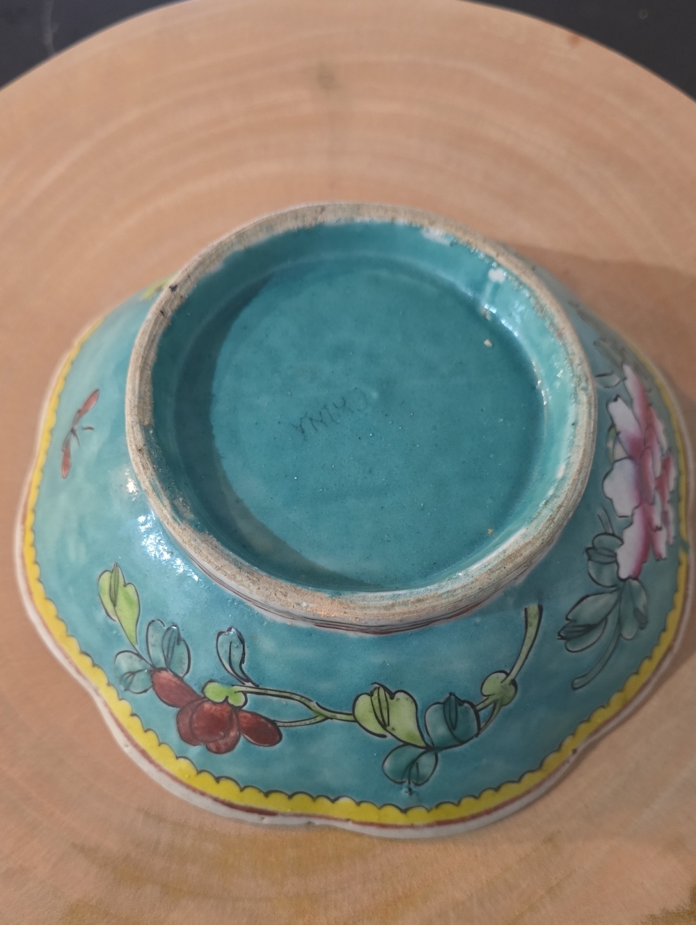 Vintage Chinese Turquoise Floral Pedestal/Chinoserie Decor Bowl Antique